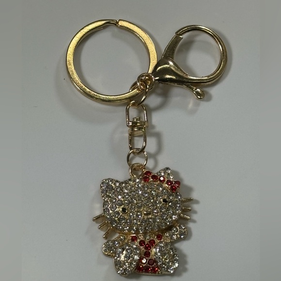 BAG CHARM Hello Kitty Gold Tone Red Crystal Hair Bow Bag Charm Keychain - Picture 2 of 7